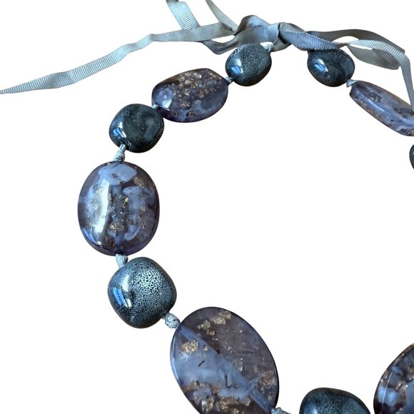 Vintage Purple & Gray Glass  Beaded Necklace With Ribbon Tie - Picture 2 of 5